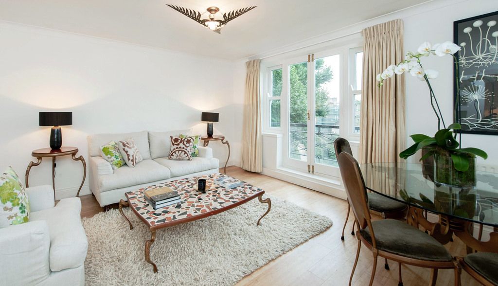 Bright white living room with an orchid, soft rug and tall windows